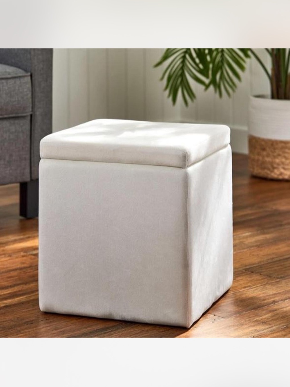 Compact White Storage Cube Ottoman with Padded Lift-Top